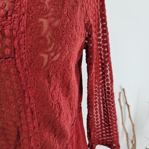 Lucky brand brick red boho top with semi sheer panels - Picture 5 of 12